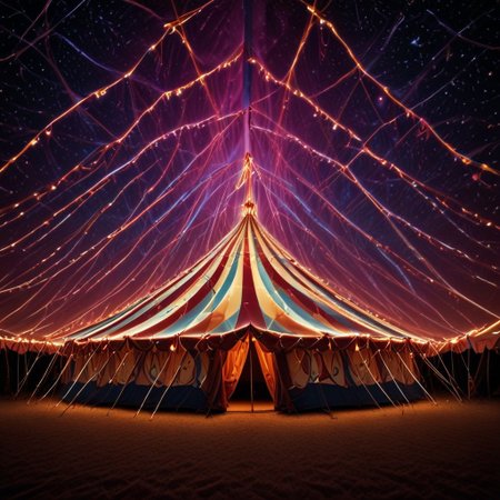 A circus tent photo, view of stars and swirling galaxies and light trails in the background gives a dreamy feel to this moment, glow circuit patterns, style of Light painting