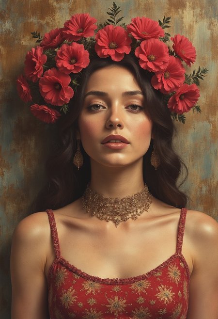 Full sexy female portrait, ornaments, flowers, golden jewelery, golden tattoos, fractal freestyles