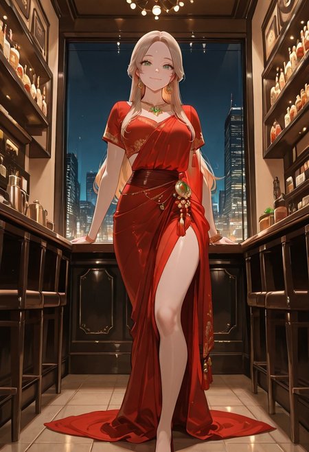 best quality, masterpiece, ultra-HD, cinematic lighting,aesthetic,i1d2sa2re,red saree,1 girl,30 years old,beautiful,solo,adult,looking at viewer,smile,emerald color eyes,eyes detailed,light brown long hair,no bangs,legs,short sleeve, jewellry, ornaments,nacklace,BREAK,in upscale restaurant,standing beside floor-to-ceiling windows,high-rise,night city background,pose,close up