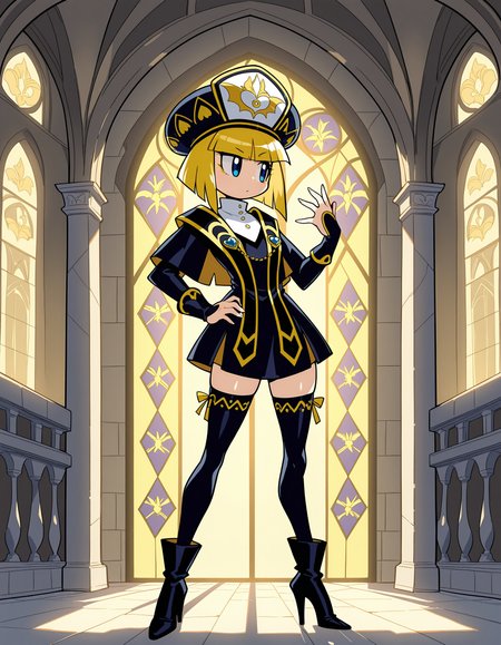 masterpiece, best quality, amazing quality, very detailed, newest, no humans, solo, WnKrbZnPrtznn, blonde hair, short hair, floating hands, black robe,  ribbon, black hat, looking to the side, full body, mature female, long legs, abstract background, (elegant), yellow motif, dynamic pose, shiny, full body, thigh highs, high heels boots, hand on hip, cathedral, stained glass, perfect hands, five fingers, blue eyes, <lora:6181c8c8-c962-4334-b2cb-3dfb77597397:0.8>