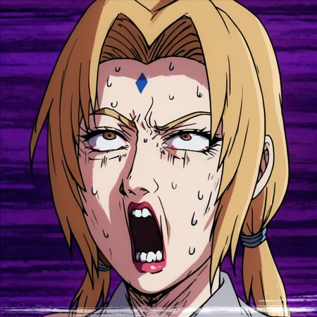 score_9, score_8_up, score_7_up, score_6_up, score_5_up, score_4_up,  <lora:tsunade-s2-ponyxl-lora-nochekaiser:0.8> , tsunade, blonde hair, yellow hair, facial mark, forehead mark, long hair, makeup, mature female, brown eyes, parted bangs, twintails, low twintails, large breasts, 1girl, alone, masterpiece, highres, highly detailed face, <lora:Mob_Psycho_funny_face-000008:1>, mob_psycho_funny_face, female focus,  open mouth, teeth, snot, exaggerated expression, impact lines, sweat, eyes vein lines, Distorted purple background