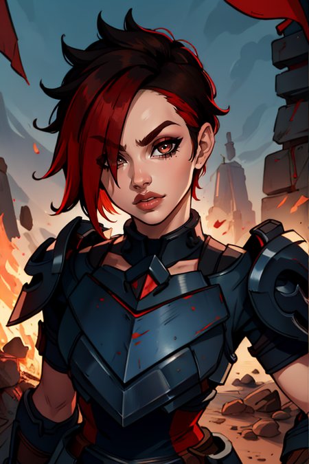 masterpiece,best quality,extreme detail,8k,image sharpness,<lora:ash:0.8>, ash2,1girl,solo,looking at viewer,short hair,black hair,brown eyes,upper body,red hair,multicolored hair,armor,hair over one eye,two-tone hair,lips,makeup,lipstick,shoulder armor,pauldrons,breastplate,