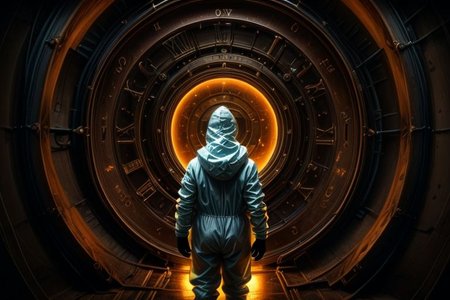 a portal back into 1903, the portal is built in Lawrence Livermore Labs, in a special chamber room monitored by a team of watching scientists.  A man in a hazmat suit approaches the surface of the time portal, where he can see the streets of New York circa 1903, amazing, captivating and amazing moment, 
highly detailed,