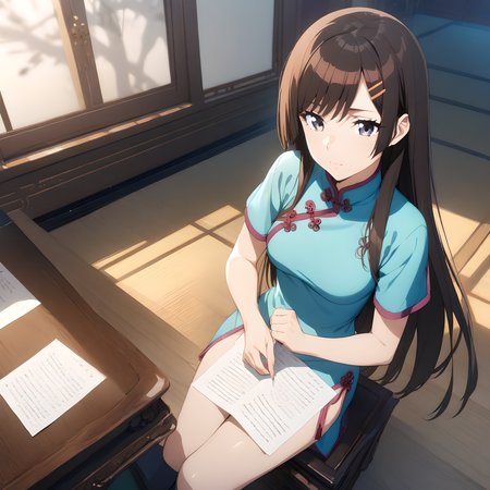 (masterpiece),(best quality),(ultra-detailed),(best illustration),(best shadow),(absurdres),(detailed background),(very aesthetic),otonashi_hibiki, 1girl, solo, long hair, hair ornament, brown hair, hairclip, chinese clothes, purple eyes, indoors, short sleeves, sitting, paper<lora:XL-OtonashiHibiki:1>