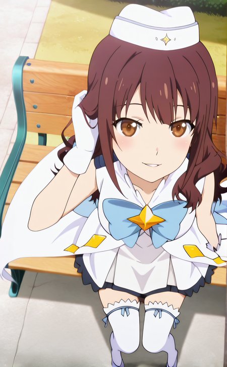 masterpiece, best quality, highres, newest, 1girl, solo, official style, anime screencap, <lora:Magical_Girl_Outfit:0.9>, houkagogirl, magical girl, blue bow, white hat, white gloves, white thighhighs, looking at viewer, smile, outdoor,full body, sitting on bench, <lora:IL_Oikawa_Nazuna:1>, nazuna, brown hair, brown eyes, long hair, blush, from above, medium breasts, parted lips, hand on hair