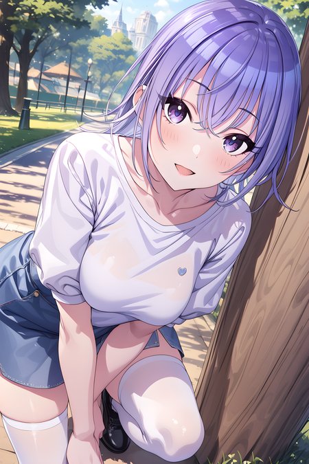 (masterpiece),(best quality),(ultra-detailed),(best illustration),(best shadow),(absurdres),(detailed background),(very aesthetic), 1girl, solo, hana suzuki, casualoutfit, upper body,park background, seductive smile, open mouth, blush, medium breasts, portrait, looking at viewer, open mouth, t-shirt, thighhighs, white legwears, black shoes, purple hair, purple eyes, full body, from the front view, leaning on a tree<lora:Hana_Suzukié´æ¨ç¾½é£_-_ã¢ã¤ãã«ãã¹ã¿ã¼_ã·ã£ã¤ãã¼ã«ã©ã¼ãº_SDXL_Animagine_XL_3.1:1>
