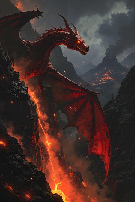 Perched on the edge of a jagged, volcanic cliff, a massive, ruby-scaled dragon with glowing crimson eyes watches the molten lava bubbling far below. The dragonâs wings, large and leathery, are tucked close to its body, their edges lined with glowing veins of molten energy that pulse in time with the flow of lava beneath the earth. Smoke and ash fill the air, carried by the hot winds that rise from the depths of the volcano, and the sky above is dark and heavy with clouds that glow faintly with the light of distant lightning. The dragonâs talons grip the edge of the cliff, causing small rocks and debris to tumble down into the fiery pit below. Its nostrils flare as it inhales the sulfurous air, its eyes narrowing as it surveys the smoldering landscape. Surrounding the dragon, the remnants of ancient lava flows stretch out like veins of fire across the rocky terrain, their surfaces still glowing with the heat of the earthâs core. The air is thick with the scent of burning rock and the distant rumble of volcanic activity, a constant reminder of the raw power lurking just beneath the surface. The scene is one of primal intensity, where the dragonâs presence mirrors the fiery chaos of the volcanic world it inhabits. , detailed background  Fantastic lighting. Detailed shadows.intricate details, vivid colors, hyper-detailed, ultra-sharp, , <lora:Luminous_Shadowscape-000016:0.4><lora:black_fantasy_1.0:0.4><lora:Glitchcore_Flux:0.4><lora:- Flux1 - vanta_black_V2.0:0.4>