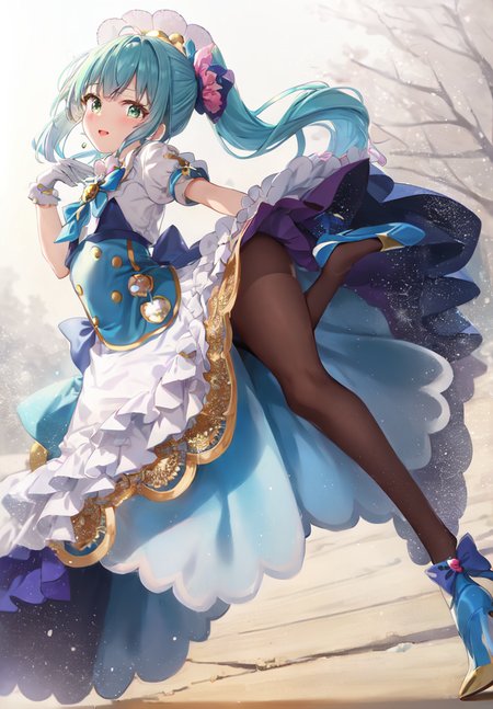 ((masterpiece, best quality)),
1 girl,standing ,full body,
cure-Spicy,small_breasts,(blue hair,)multicolored hair,((Right side ponytail,side ponytail,))
blue legwear,dress,gloves,((navy blue pantyhose)), puffy sleeves,white gloves,navy blue footwear,brooch,jewelry,bangs,frills,flower,((blue skirt,long skirt,))high heels,jewelry,
<lora:Cure-Spicy_v2:0.6:ALL1>