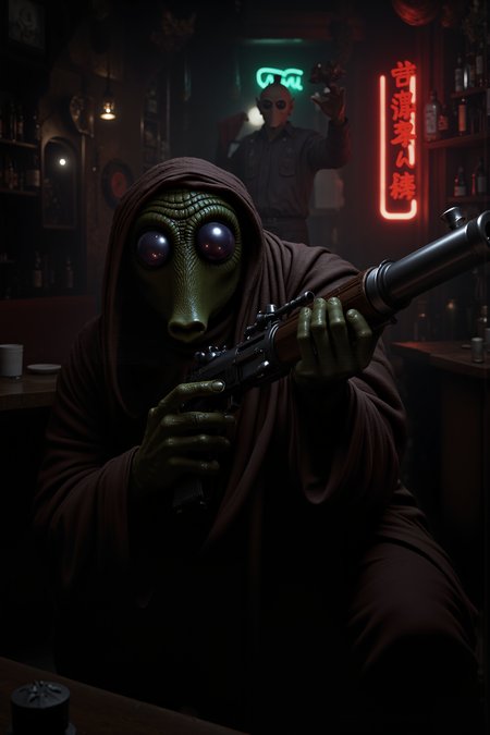 A hyper-realistic portrait, photorealistic photo close-up image of  A Rodian bounty hunter crouches in the shadows of a dimly lit cantina, his blaster drawn and aimed steadily at a distant target. His dark green skin is partially obscured by a weathered, brown cloak that blends perfectly with the grimy surroundings of the backwater world. The air is thick with smoke, and the sounds of drunken conversations and clinking glasses fill the room, masking the Rodianâs quiet movements. His large, reflective eyes scan the crowded cantina, tracking the movements of his mark, a notorious spice smuggler sitting at a table surrounded by rough-looking thugs. The flickering neon lights outside cast long, shifting shadows across the cantina floor, and the smell of stale ale and fried food lingers in the air. The Rodianâs hand tightens on the trigger of his blaster, his breathing steady and controlled as he waits for the perfect moment to strike. Behind him, a bartender polishes glasses absentmindedly, unaware of the deadly tension that hangs in the air. The bounty hunterâs heart beats calmly, his years of experience guiding him as he prepares to bring his quarry in, dead or alive. (photography, high-resolution, dynamic, energetic,hyper-realistic, dramatic lighting, shallow depth of field.), detailmaximizer, MythP0rt<lora:midjourney_whisper_flux_lora_v01:0.1><lora:aidmaMJ6.1-FLUX-V0.1:0.4><lora:FluxMythP0rtr4itStyle:0.4><lora:detailed_flux_ntc:2.2><lora:aidmaImageUpgrader-FLUX-V0.1:0.65><lora:RODIAN_1:1.1>