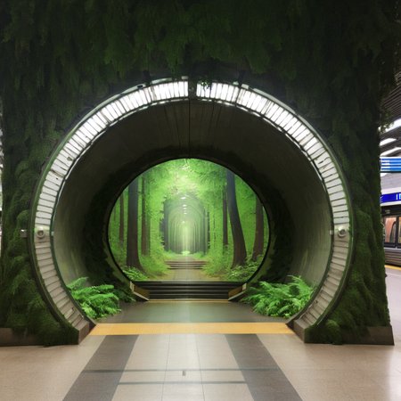 a forest portal in a metro station <lora:Metro:1>
