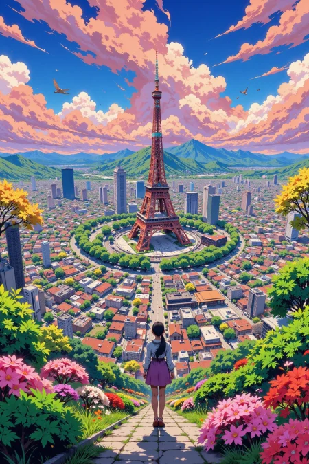 Tokyo, Japan beautiful  anime landscape, cloudy sky, woman, very intricate, very detailed, sharp, bright, colorful, <lora:Hand v2:0.5> <lora:Anti-Blur:1><lora:Insane Detail Slider:0.25>  <lora:flux.1_lora_flyway_Epic-detail_v2:0.3> <lora:fluxenhancer:0.25> <lora:ROWER:0.6> <lora:Niji Anime Scenic:0.8>