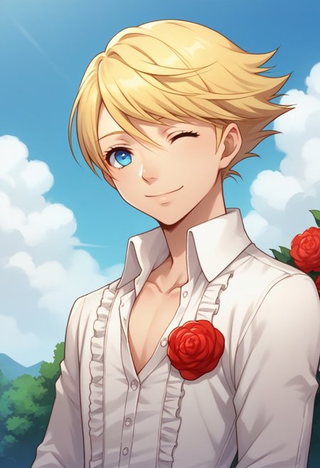 score_9, score_8_up, score_7_up, source_anime, highly detailed, 
teddie, solo, 1boy, male focus, blonde hair, blue eyes, male focus, flower, rose, smile, red rose, red flower, shirt, upper body, one eye closed,
outdoor, sky, tree, day, clouds,