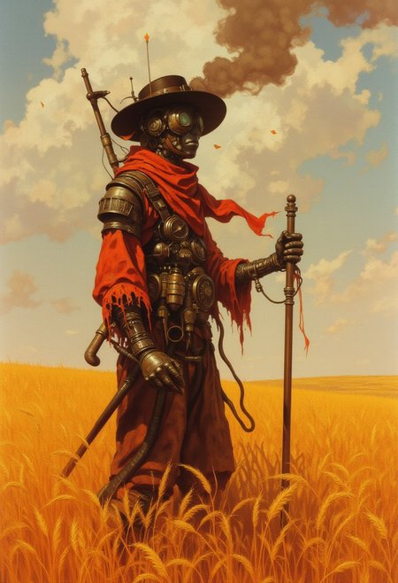 Frank Frazetta fantasy oil painting of a Mecha scarecrow, digital art with strong autumn colors, a scarecrow made of steampunk parts, steam and smoke rises from its body, a serene wheat field