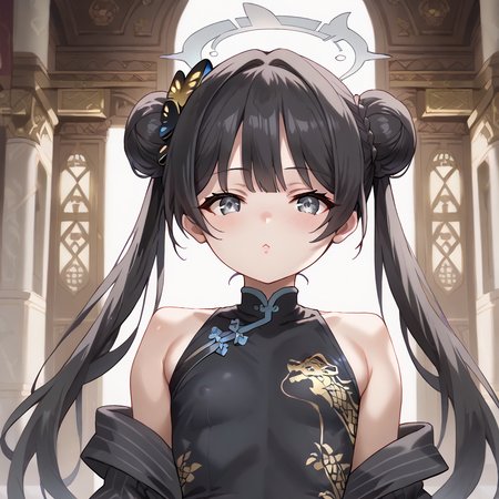 score_9, score_8_up, score_7_up, score_6_up, score_5_up, score_4_up, source_anime, anime screencap, masterpiece, insanely detailed, detailed background, zPDXL3, kisaki/(BA/),1girl,grey halo,long hair,hair bun,double bun,black hair,grey eyes,hair ornament, usagi_nagomu_style,nsfw