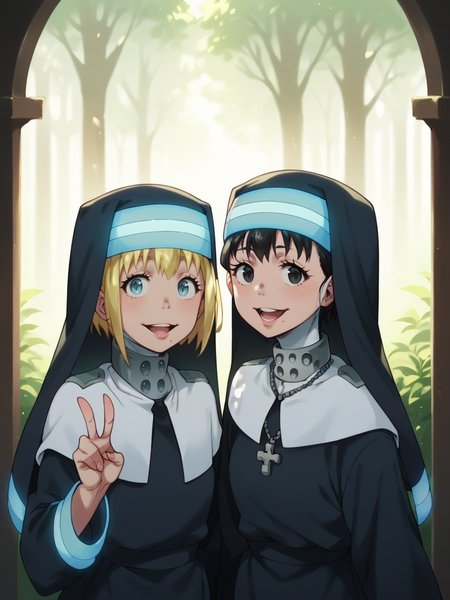 score_9, score_8_up, score_7_up, score_6_up, score_5_up, <lora:fforceXLP:1> fforce, 2girls, multiple girls, nun, blonde hair, mole, habit, mole under mouth, black hair, jewelry, necklace, open mouth, smile, v, shade, short hair, sunlight, dappled sunlight, looking at viewer