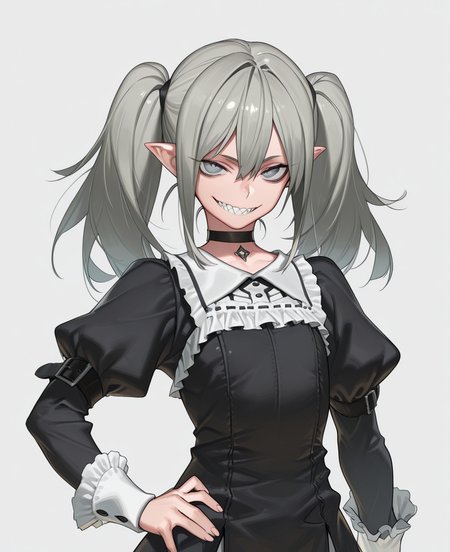 <lora:amrkdrw:1> amrkdrw,
(masterpiece), (best quality), (ultra-detailed), amazing quality, very aesthetic, illustration, perfect composition, intricate details, absurdres, incredibly absurdres, shiny skin, realistic,
 amrkdrw, 1girl, solo, black , sharp teeth, teeth, smile, twintails, grey eyes, pointy ears, white background, simple background, choker, arm belt, juliet sleeves, long hair, upper body, looking at viewer, long sleeves, grey hair, frills, , grin, hand on own hip, finger, black choker, dress, hair between eyes, puffy sleeves, collar, black dress, general