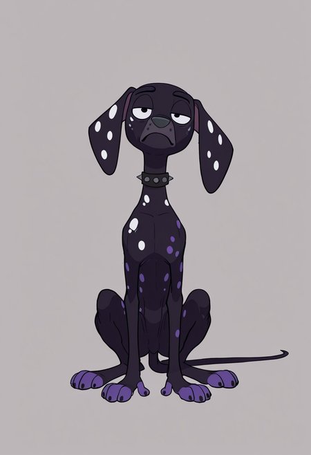 artist:matchattea, masterpiece, best quality, amazing quality, Dante(101), solo, feral dog, animal, quadruped, 1boy, dalmatian, dalmatian dog, feral, dog, dalmatian, black fur, white spots, purple spots, purple paws, gray nose, baggy eyes, spiked collar, full body, head tilt, snout, looking at viewer, bored expression, bored, boren emotion, half closed eyes, tall dog, skinny dog,