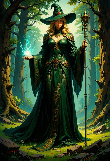 highest details, ultra hyper realism. highly detailed and realistic. intricate and highly professional artwork, an absolute masterpiece.
An expressive painting. A fantastical scene in a lush, enchanted forest. The central figure is a tall, fair-skinned female druid with long, wavy blonde hair, adorned in an elaborate, dark green gown with intricate gold embroidery. She wears a large, ornate witch's hat with a wide brim, and her expression is both mysterious and commanding. In her right hand, she holds a glowing, ornate staff, casting a soft blue light that illuminates the scene. The background is filled with towering, moss-covered trees, and the ground is carpeted with vibrant greenery and small, glowing fireflies. The lighting appears to be a mix of natural and magical, with a glowing aura surrounding her, enhancing the mystical atmosphere. The overall aesthetic quality is very high, showcasing excellent use of color, texture, and light. The angle is slightly low, emphasizing the woman's authority and the magical environment. Highly detailed and hyper aesthetic fantasy art
<lora:articolorpaint_v01_epoch_13:0.7> <lora:FluxMythG0thicL1nes:0.4> G0thicL1nes <lora:RetroAnimeFluxV1:0.35>
