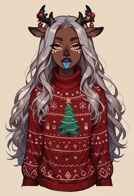 (score_9, score_8_up, score_7_up), 
fluffy_new_year, merry_furistmas, 
1girl, puazi, monster girl, christmas_sweater, big yellow goat eyes, bonze skin, bronze face markings, silver stomach, silver face, bronze deer tail, shiny gold long hair, bronze goat horns, blue in ear, petite, skinny, shiny skin, blue lips, long blue tongue, solo, simple background, InCasestyle
