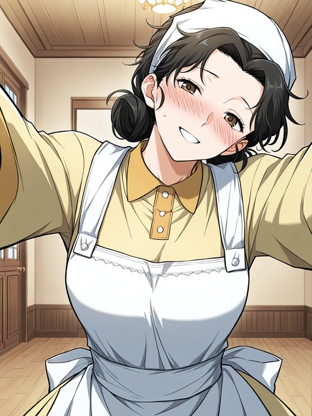 <lora:Emily__The_Greatest_Estate_Designer__Illustrious:1>
1 girl, solo, brown eyes, black hair, hair bun, double bun, short hair, bangs,
shirt, yellow shirt, white apron, head scarf, long sleeves, 
score_9, score_8_up, score_7_up, score_6_up, source_anime, rating_explicit, 1girl, solo, smile, embarrassed, alcalose eyes, open mouth, mansion, indoors, looking at viewer, outstretched arms, pov, close-up, (head tilt:1.2)