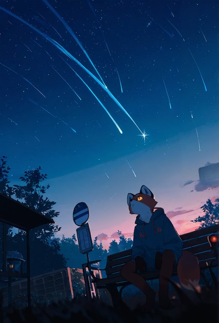 best quality, masterpiece, newest, absurd res, hi res, very awa, fox, (tianliang duohe fangdongye:0.7), (akai sashimi:0.7), (honovy:0.5), (reoen:0.5), anthro, slim, no sclera, detailed face, solo, sitting, looking up, hoodie, overgrown, vegetation, rural japan, bus stop, bench, lamp, night, summer, evening, shooting star, shadows, evening, cinematic lighting, low-angle view, dutch angle, no humans, animal focus, watercolor, novel illustration,  