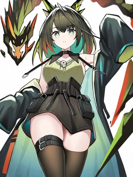 masterpiece,best quality,year 2024,newest,highres,absurdres,very Aesthetic,<lora:mon3tr_(arknights)_ill:1>,1girl,character: mon3tr (arknights),solo,simple background,white background,looking at viewer,arm up,closed mouth,split mouth,medium breasts,breasts,thigh strap,thigh belt,black coat,coat,sleeves past fingers,belt,belt buckle,black belt,sleeves past wrists,bare shoulders,buckle,personification,crystal,