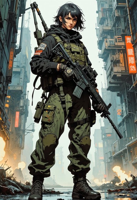 Full body short of young beautiful European female soldier with tanned skin and short dark hair wearing a black tactical sweater with straps and harnesses and green futuristic loose cargo pants and heavy black combat boots, she is holding a large futuristic assault rifle with both hands and a lot of guns strapped on her back, full body concept art, there is a futuristic dystopian city visible in background, cyberpunk