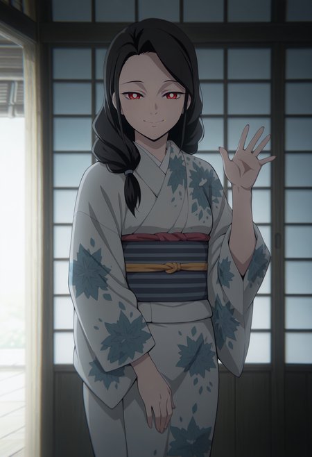 1girl,solo,mm,mature female,black hair,long hair,braid,red eyes,anime coloring,
kimono,obi,sash,cowboy shot, waving,standing, looking at viewer, smile,indoors
,masterpiece,best quality,amazing quality,<lora:Ruka_Rengoku-Kimetsu_no_Yaiba_r2:0.8>
