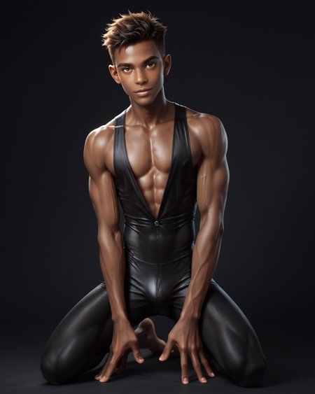 score_9, score_8_up, score_7_up, score_6_up, score_5_up, score_4_up, rating_questionable, 
<lora:homri52:1>,
intricately detailed, photo studio with black backdrop, black background,
1boy(human, glistening skin, handsome, sexy, seductive, posing, looking at the viewer, friendly expression, kneeling,
black skin, african, 
twink, slender, 
tight posing slip),
depth of field, 
<lora:xl_more_art-full_v1:0.4>,
<lora:add-detail-xl:0.4>