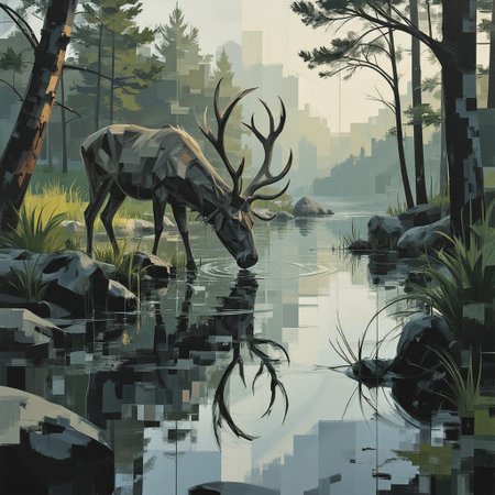 ckbwaw, a digital artwork in the style of ckbwaw, l0wp0ly, in the style of ck-mgs, a deer is drinking from a forest river, bright eyes, best quality,masterpiece, detailed, UHD, award-winning,vibrant,acid colors,illustration,concept art,surreal,dark,tenebrous, relaxing,cinematic,archaic,nature,vista,closeup,zoomed,hdr,fern green,beige,pale cyan,calm atmosphere,idyllic