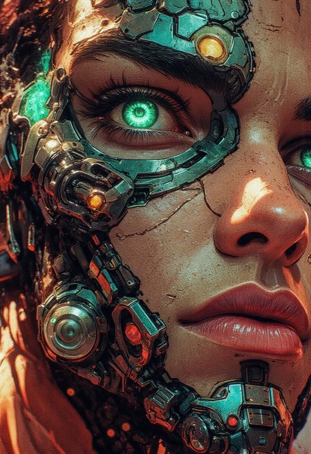((A close-up portrait)) ((side view) ((look away))  of a cyberpunk MAN (luigi mangione) with a hyper-realistic biomechanical face. Detailed human skin texture seamlessly integrated with futuristic mechanical implants . One large, green cybernetic eye with intricate patterns. smooth and reflective metallic details on his face. Lighting is warm and dynamic, highlighting every contour and texture. Futuristic and sci-fi atmosphere, highly detailed and realistic digital art.
(Cyberpunk realism, Biomechanical details) (Dynamic lighting with neon highlights) (((glowing circuits, metallic implants)))