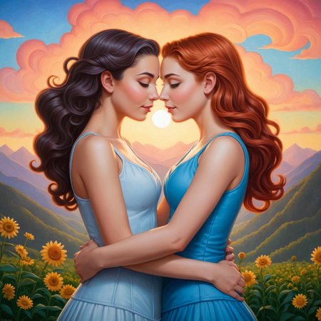by Rob Gonsalves and Yelena Zhavoronkova in the style of Jeremiah Ketner,  filmic <lora:filmicVibesXL_v1.1:0.80> ,   two women, lesbian  couple , passionately embracing