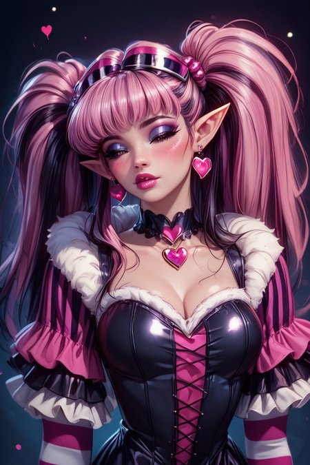 score_9, score_8_up, score_8, medium breasts, (curvy), cute, eyelashes,       BREAK, , zzDraculaura, black hair, twintails, multicolored hair, two-tone hair, streaked hair, long hair, pink hair, pointy ears, retro artstyle, 1990s (style),  cleavage, jewelry, heart, earrings, black choker, frills, striped, fur trim, makeup, heart earrings, striped sleeves, black dress,    <lora:NewDraculaura_PDXL:1.0>,, BREAK,  (ultra realistic,32k, masterpiece:1.2),(high detailed skin:1.1),( high quality:1.1), curvy, head tilt, hearts, blush, lips, closed mouth, curvy, head tilt, shiny clothes, (upper body), looking at viewer, bokeh, luminescent background, ,,, embedding:zPDXL, Expressiveh, ,,, <lora:RlAnmPDXL:1.0>,