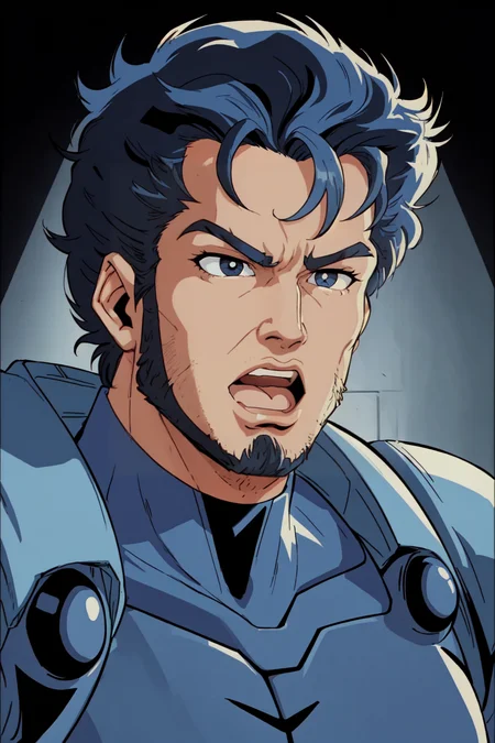 X-men TaS Style, 1boy, black eyes, blue hair, male focus, open mouth, pilot suit, portrait, retro artstyle, solo, stubble, Logan, Wolverine <lora:XmenStyle:0.8>