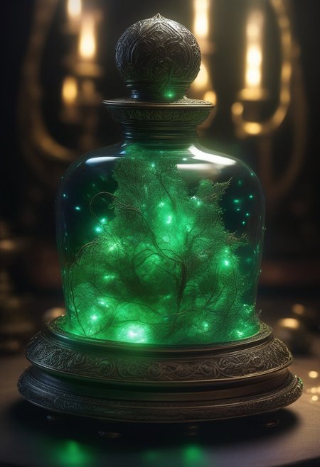 Score_9, Score_8, high_def, highest quality, 4k, best quality, masterpiece, focused, defined, Photorealistic magic potion, intricate glass bottle, elixir, vibrant green and tealcolors, ethereal light, wax seal, flashy lights, magic lights, luminous, dynamic reflections, magical aura, highly detailed, fantasy essence, glowing particles, radiant aura