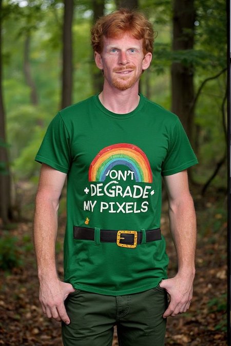 men leprechaun on a forrest wearing with a shirt that reads "Don't degrade my pixels"