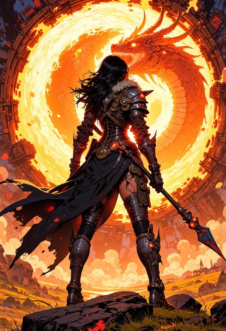 Cowboy shot. Image is a digital fantasy artwork featuring the back of a beautiful female character looking into a flaming portal with a fantastical polearm in her hand ready to defend the kingdom. She has tan skin with long black hair with highlights. She's wearing an battle damaged corset armor with a fur collar and matching long gloves and thigh-highs, both adorned with glowing red patterns. She standing in front of a giant swirling portal made of flames. A giant mythical serpent is emerging from another world into this one.  The background is of a grassy field, small village, farmland, rocky plain, mythp0rt,