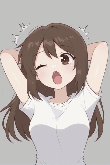 <lora:Emirichu:1> emirichu, long hair, brown hair, brown eyes, yawn, wink, one eye closed, arms up, arms behind head,, score_9, score_8_up, score_7_up,1girl,solo female, epic photograpy, extremely detailed, high quality, absurd res, high res, BREAK