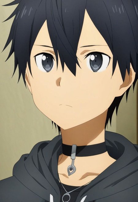 high resolution, solo, best quality, 1Boy, Kazuto Kirigaya, Black Hair, Black Eyes, bangs, necklace, choker, hair between eyes, Hoodie, OverallDetail
