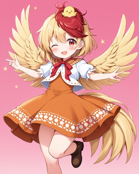 niwatari kutaka,1girl, one_eye_closed, solo, chick, smile, open_mouth, pink_sky, puffy_short_sleeves, animal_on_head, feathered_wings, looking_at_viewer, ;d, standing, white_shirt, feet_out_of_frame, boots, brown_footwear, blush, neck_ribbon, red_ribbon, orange_dress, artist_name, pink_background, animal, outstretched_arm, brown_dress, tail_feathers, tail, outdoors
<lora:niwatari_kutaka_image1327_2023-12-20-000010:1>,star-shaped_pupils,symbol-shaped_pupils,. gorgeous,key visual, vibrant, studio anime,award-winning, professional, highly detailed,high budget, cinemascope
