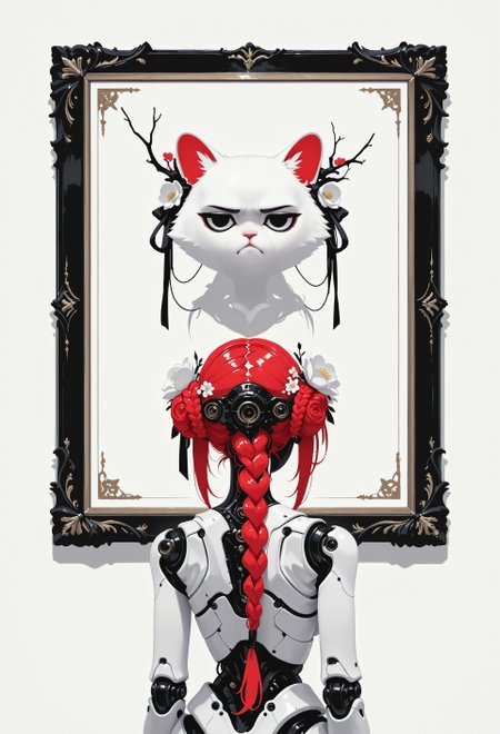 1girl, doll girl, doll joints, red hair, long hair, braided bun, hair ribbons, hair flower, standing, upper body, looking down, back view, straight on, picture \(object\),  grumpy cat \(drawing\), shadows, minimalism, (monochrome, negative space), white theme, painterly, no lineart, no outline, fine art, masterpiece, best quality, good quality, very awa, very aesthetic, absurdres, newest, 8k, high contrast, in the style of cknc, haiz_ai, wat