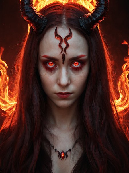 masterpiece,cinematic view,
high resolution,detailed, <lora:fire_xl:0.8>, firemode,red pupils,dark black sclera, , 1girl, solo, fire, horns, long hair, phoenix girl,portrait,glowing red pupils,dark theme,horror theme,
