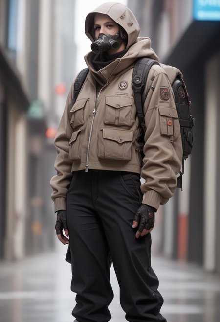 score_9, score_8_up, score_7_up, score_6_up, score_5_up, score_4_up, source_real, cowboy shot, full body, heavy fog, techwear, solo, (scifi gas mask),gloves, long_sleeves, standing, jacket, pants, hood, bag, no_humans, blurry_background, backpack, helmet, robot, mecha, 1other, zipper, science_fiction, realistic, humanoid_robot, Vivid Colors, high Contrast,
