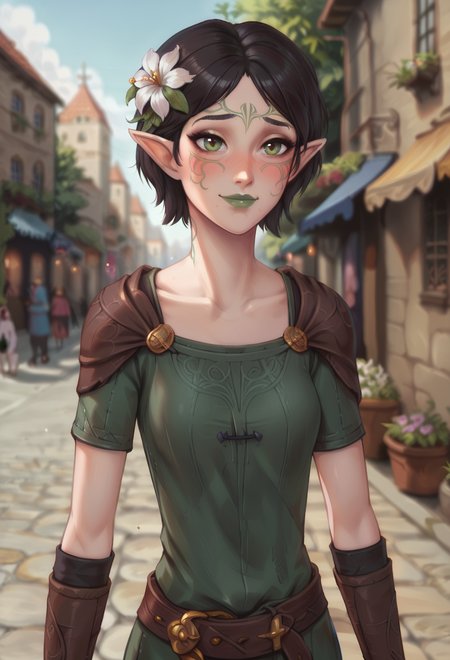 score_9, score_8_up, score_7_up, 1girl, solo,  SulfS-M3rr1LL, pointy ears, face tattoo, facial mark, short hair, black hair, green eyes,
green dress, flower in hair, belt,
medieval city streets, sunny, smiling, upper body, blush, green lipstick,
<lora:Merrill_Dragon_age_2-000008:0.8>,   <lora:PRSNL3:0.8> PRSNL3,