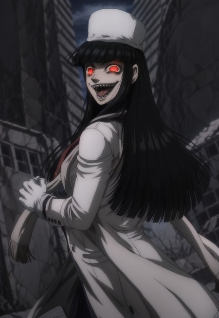 anime, masterpiece, best quality, <break> solo, 1girl, girlycardXL11, red eyes, black hair, long hair, blunt bangs, fur hat,scarf, blue shirt, red necktie, white jacket, white coat, white gloves, sharp teeth, crazy smile, open mouth, tongue out, looking back, glowing eyes, outdoors, night, ruins
<segment:yolo-Anzhc Face seg 640 v2 y8n.pt,0.4,0.5//cid=1>