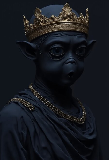Ethereal regal black statue of Mac the alien with a golden crown, and a golden chainmail. Mystical and epic mood. At night, dark and enchanted