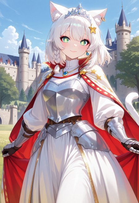1girl, Mia White, medium hair, braid, animal ears, star shaped pupils, hair ornament, cat tail, cat girl, white hair, masterpiece, best quality, absurdres, small breasts,
princess dress, long sleeves, wide sleeves, multilayered dress, intricate gown, tiara, long skirt, royal cloak, high collar, ruffles, frills, sequins, earrings, brooch, necklace, jewelry, 
armor, armored princess, steel dress, armored dress, armored skirt, breastplate, gauntlets, armored belt, armored cloak, 
lipgloss, long eyelashes, eyeshadow, eyeliner, blush, makeup,
outdoors, castle, medieval, middle ages,  
smile, closed mouth, looking at viewer, cowboy shot, solo, standing
