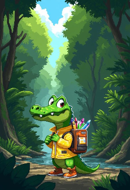 pixel-art 
a sodden swamp, awash in the aftermath of a torrential downpour. Rivulets snake through the saturated undergrowth, gurgling cheerfully as they carry debris downstream. Droplets cling tenaciously to waxy leaves, refracting the dull light filtering through the tangled canopy above.
Into this soggy panorama steps a diminutive reptilian tyke, clad in a brightly colored slicker that strains comically at the buttons. Yellow polka dots clash violently with neon stripes, forming a psychedelic pattern that seems to vibrate independently of the wearer's movements. Strapped securely to its back is a pint-sized knapsack, stuffed to bursting with notebooks and crayons.
Head held high, nostrils flared defiantly against the pervasive scent of mud and rotting vegetation, the intrepid infant crocodile marches resolutely onwards. Waterlogged boots splash through shallow puddles, sending mini geysers spraying in all directions. Not once does the stalwart little soul falter, undeterred by the obstacles placed in its path.
For this braveheart is embarking on a monumental undertaking - its very first day of schooling!
... 
blocky, pixel art style, 8-bit graphics, blocky, pixelated, vibrant colors, recognizable characters and objects, game assets, pixel-art, 
aidmaimageupgrader, aidmaMJ6.1