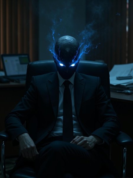 <lora:Dark_Fantasy_Anime-000021.safetensors:1> Dimly lit mysterious, from the shadows. exuding dark opulence. The atmosphere is heavy with ancient knowledge, and softly glowing orbs flicker.
Seated in a dark office setting, a figure's sharp black suit and crisp white shirt are contrasted by its absence of a head, replaced by a void-like entity with electric blue streaks. The seat and forward lean convey assertiveness and an unsettling presence. The blurred background shows an artificial-lit office space with wooden blinds and documents. High-contrast realism and surrealism evoke dread and curiosity. Bright blue eyes pierce through the darkness, exuding watchfulness.