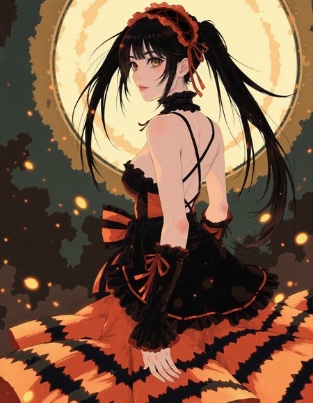 tokisakikurumi a girl in an orange and black dress, standing in front of a clock. <lora:Blue_Future:0.8>, <lora:수묵화:0.8>